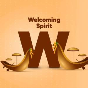 Illustration of a large letter 'W' decorated with traditional boats and floral elements.