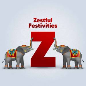 Two decorated elephants flanking a large red letter Z with festive decorations.