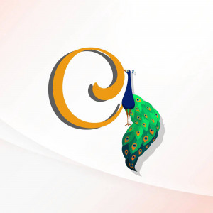 Letter C with a peacock feather illustration
