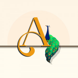 Stylized letter A with a peacock illustration