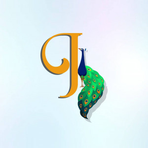 Stylized letter J with a peacock illustration