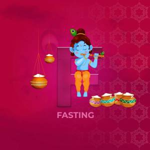 Illustration of Lord Krishna playing a flute with pots and the word 'Fasting'