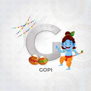 Illustration of baby Krishna with the letter G and traditional Indian decorations