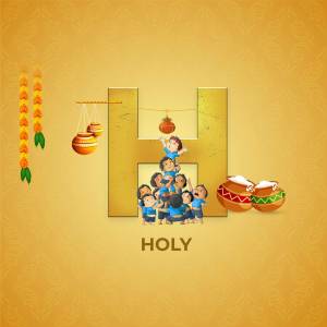 Illustration of the letter 'H' decorated with elements of the Holi festival, including a human pyramid and traditional pots.