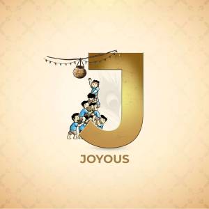 Illustration of children forming a human pyramid during Janmashtami celebrations, shaped like the letter 'J'.