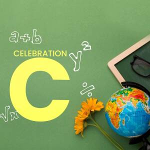 A chalkboard with mathematical symbols, a large letter 'C', a globe, and a sunflower.