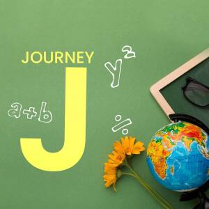 School supplies with the letter J and a globe
