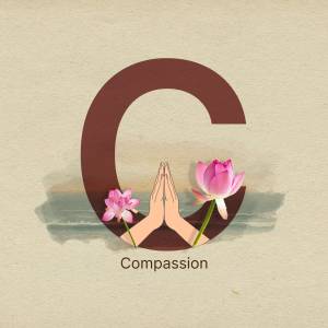 Letter C with lotus flowers and praying hands representing compassion