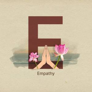 Letter E with lotus flowers and praying hands representing empathy