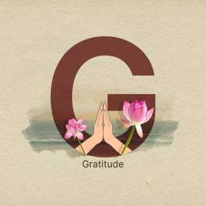 Letter G with hands in prayer position and lotus flowers, representing gratitude.