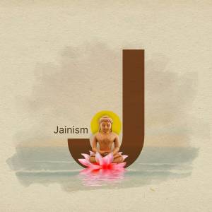 Letter 'J' incorporating a Jain Tirthankara statue on a lotus flower