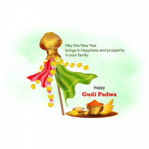 Gudi Padwa festival illustration with Gudi, offerings, and festive text