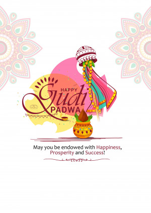 Gudi Padwa festive illustration with Gudi, pot, and flowers