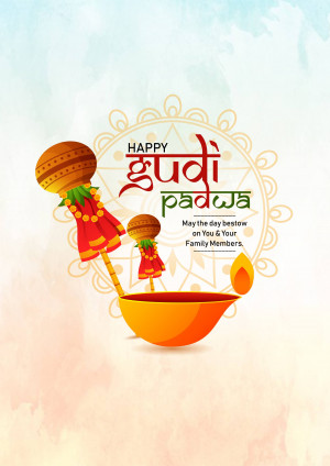 Illustration of a Gudi Padwa celebration with a Gudi, pot, and lit lamp.