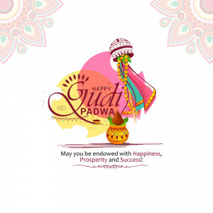 Gudi Padwa festive illustration with Gudi, pot, and mango leaves