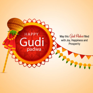 Gudi Padwa festive greeting with a decorated Gudi and floral elements