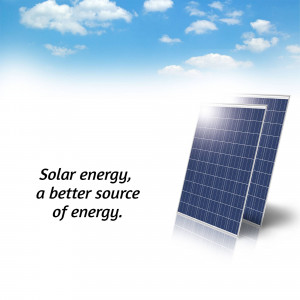 Solar panels against a bright blue sky with clouds