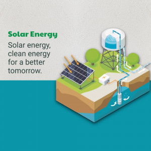 Illustration of a solar panel powering a water pump and storage tank.