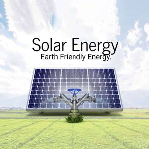 Solar panel with pipes against a green field and cloudy sky