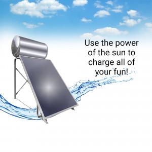 Solar water heater with water splash and text promoting solar energy