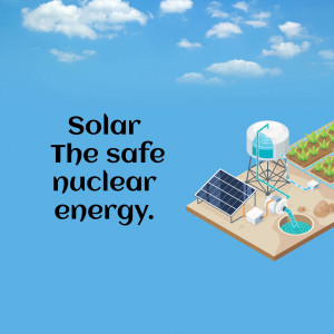 Isometric illustration of solar panels powering a water pumping and irrigation system.