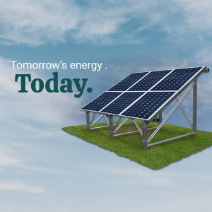 Solar panels on a small patch of grass against a blue sky with the text 'Tomorrow's energy Today.'