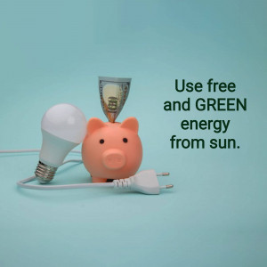 Piggy bank with a lightbulb and dollar bill, promoting green energy savings.
