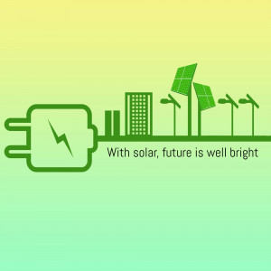Illustration of a plug powering a city with renewable energy sources like solar panels and wind turbines.