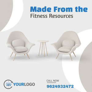 Modern lounge area with two armchairs and a small table, promoting fitness resources.