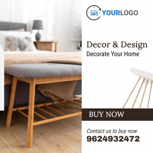 Advertisement for home decor and design services with a bedroom scene and contact information.