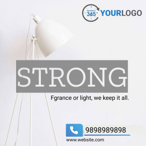 White floor lamp with text overlay 'STRONG' and contact information