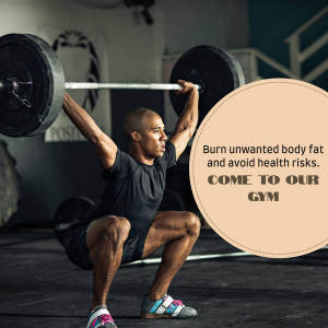 Man lifting a barbell in a gym with text promoting fat loss.