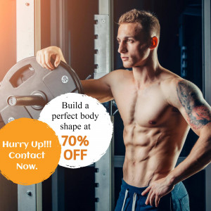 Muscular man in gym with promotional offer