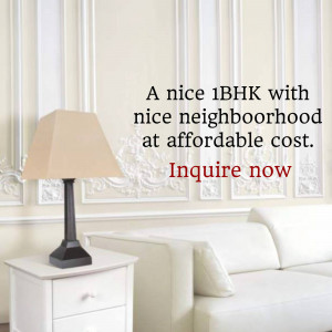 Interior of a living room with a lamp and sofa, advertising an affordable 1BHK apartment.