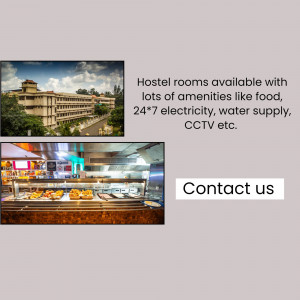 Hostel building and food options with contact information