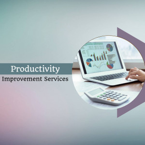 Laptop with data charts and a calculator, representing productivity improvement services.