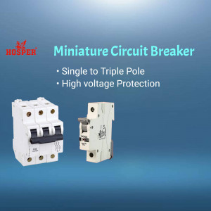 Two HOSPER miniature circuit breakers, one single pole and one triple pole, on a blue background.