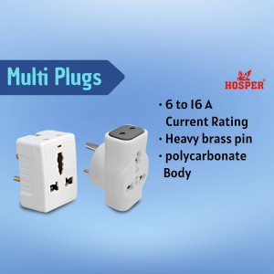 Image of HOSPER multi plugs with multiple socket types and specifications.