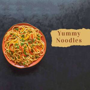 A top-down view of a plate of stir-fried noodles with vegetables.