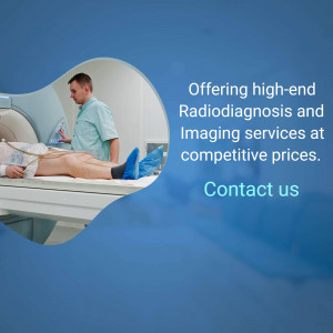 Patient undergoing an MRI scan with text promoting radiodiagnosis services.