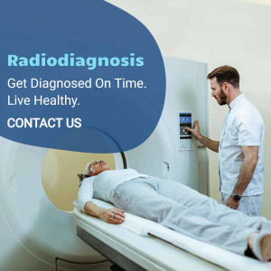 Radiodiagnosis and medical imaging with a doctor and patient undergoing a CT scan.