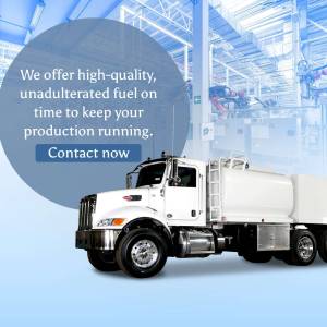 White fuel tanker truck in front of an industrial building with text overlay promoting fuel delivery services.
