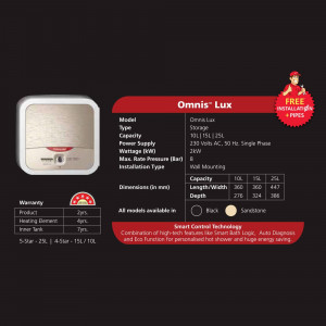 Omnis Lux water heater with specifications and color options