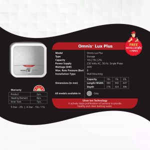 Omnis Lux Plus water heater product image with specifications