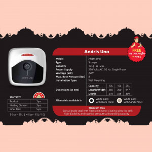 Andris Uno water heater with specifications and installation details