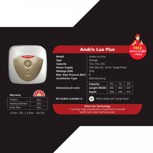 Andris Lux Plus electric water heater with specifications