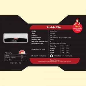 Image of Andris Slim water heater with technical specifications