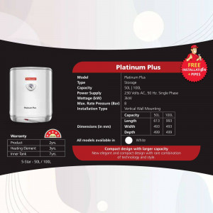 Platinum Plus water heater with specifications and features