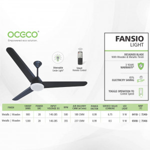 Black ceiling fan with wooden blades and remote control
