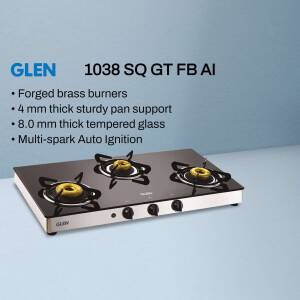 Glen 1038 SQ GT FB AI three burner gas stove with forged brass burners and tempered glass top